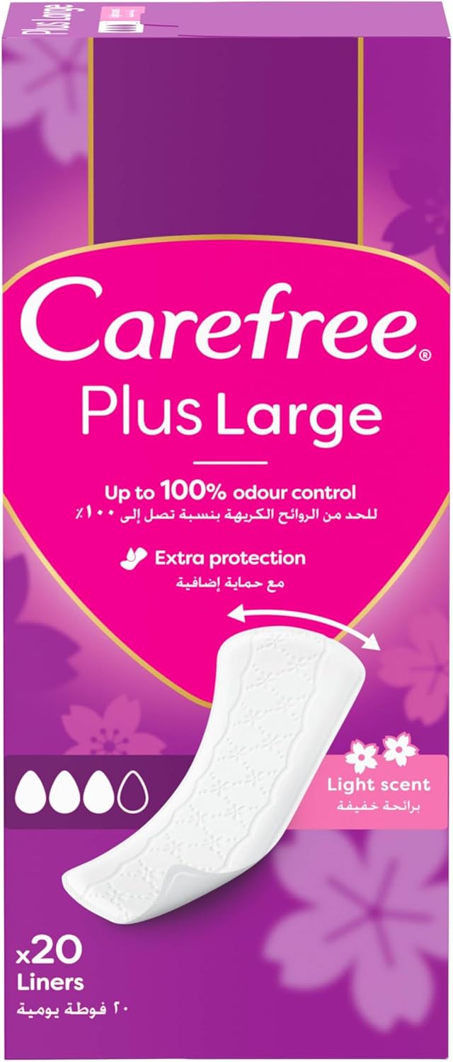 Carefree Daily Panty Liners Plus Large, Light Scent, great Fit Design for Comfortable, Pack of 20