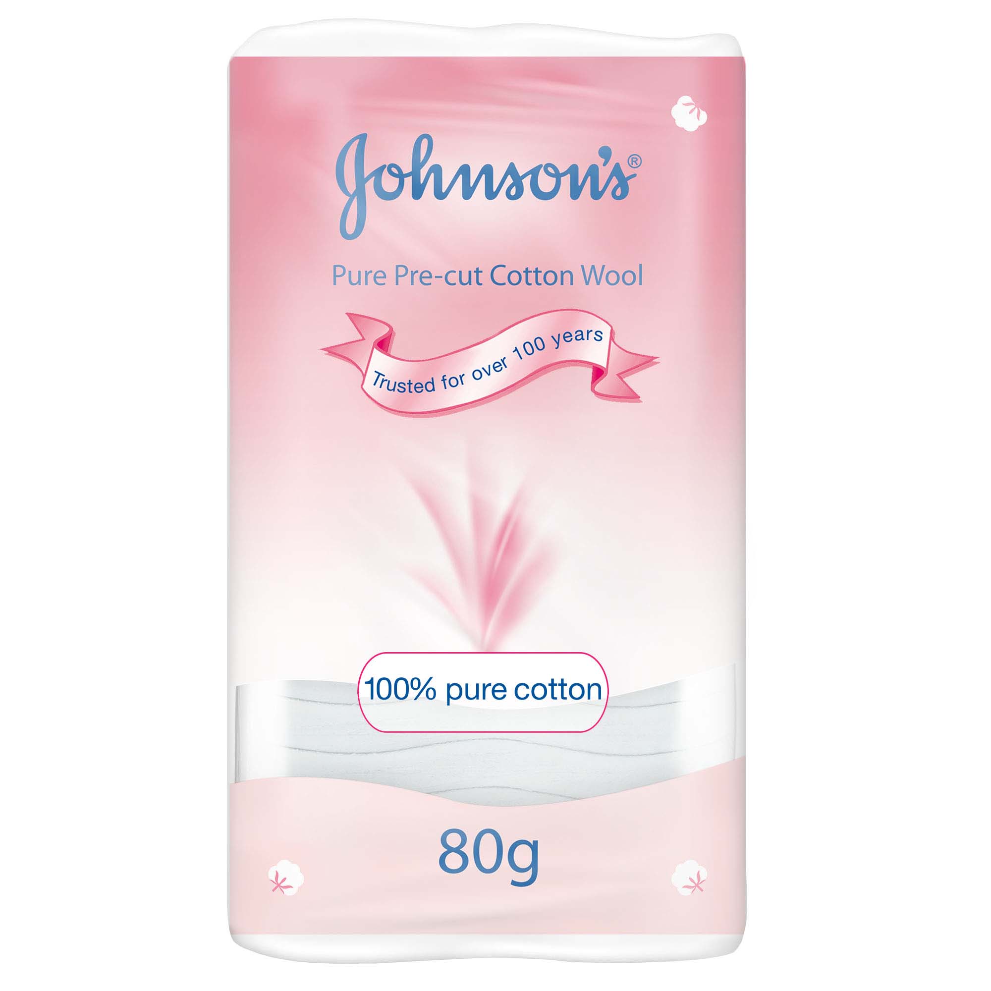 Johnson's Baby Pure Pre-Cut Cotton Wool, 100% Pure Cotton, Soft & Gentle, 80g