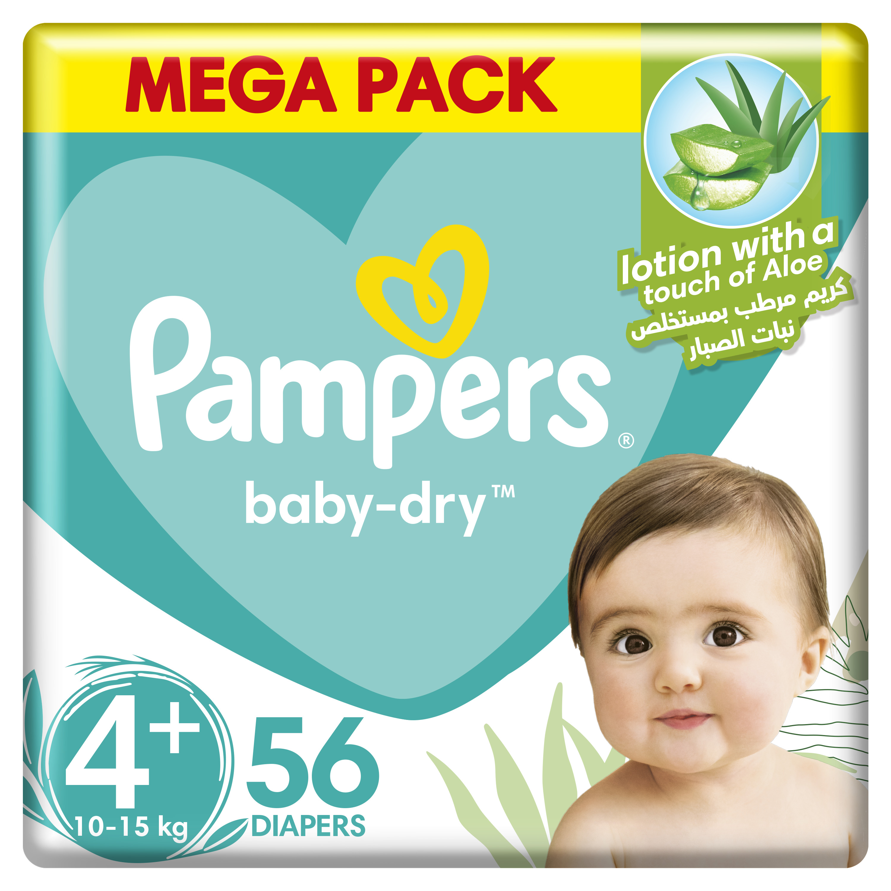 Pampers Aloe Vera Taped Diapers Size 4+10 15 kg Jumbo Pack - 56 Diapers