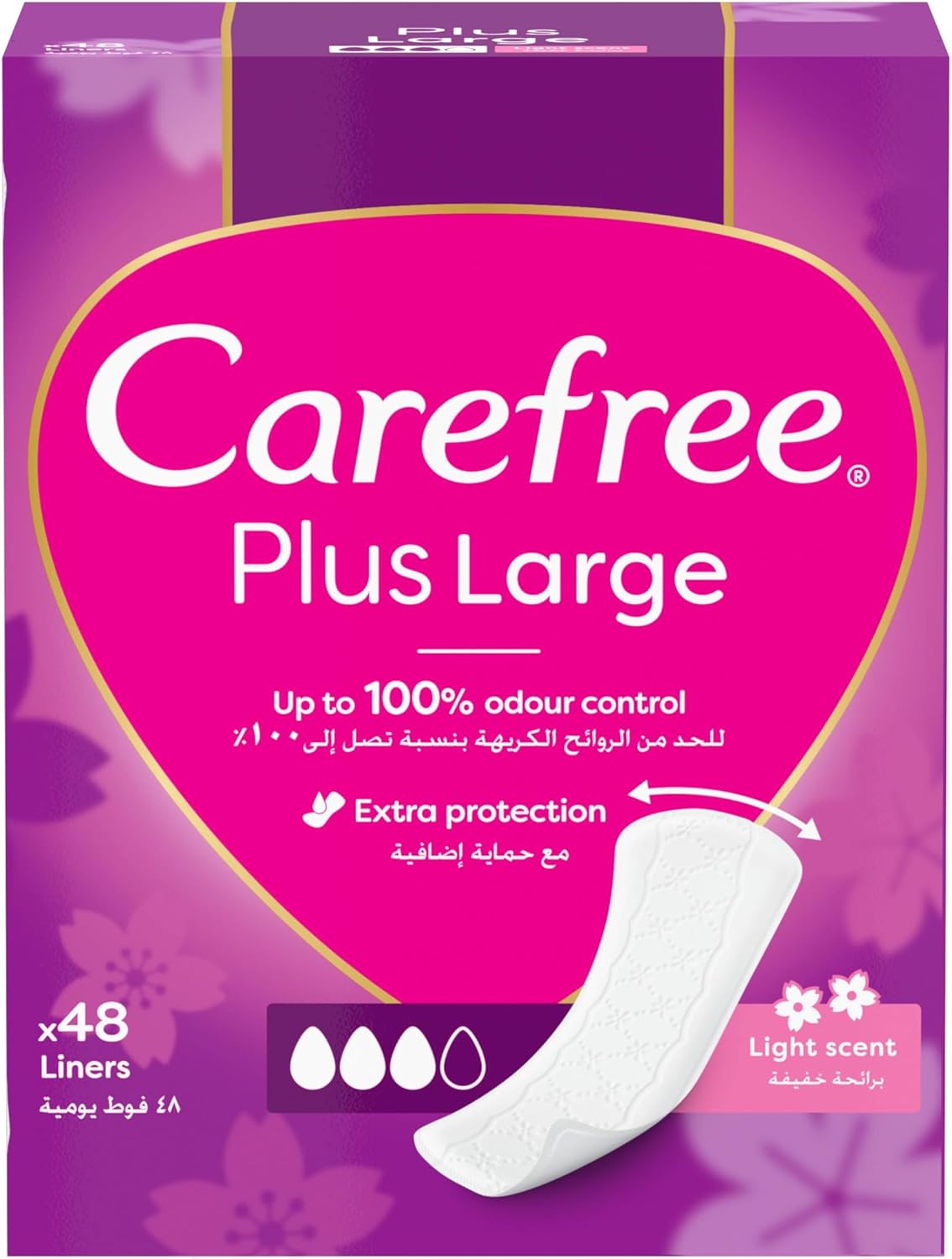 Carefree Unscented Pantyliners, Plus Large Size, up to 100% Odor Control, Pack of 48