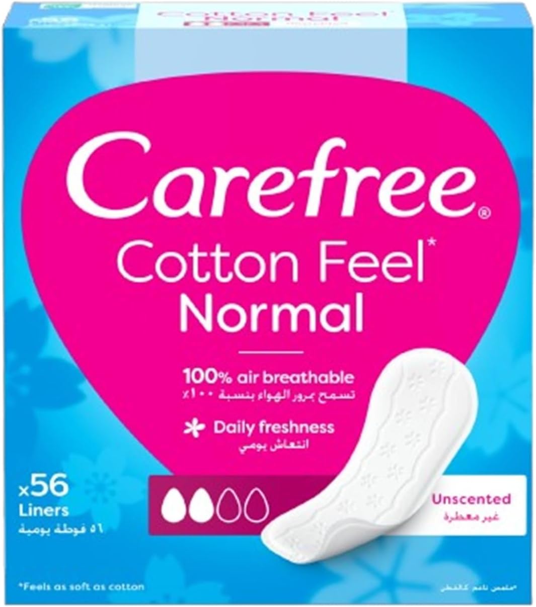 Carefree Cotton Feel Unscented Pantyliners, Normal Size, Dermatologically Tested, Pack of 56