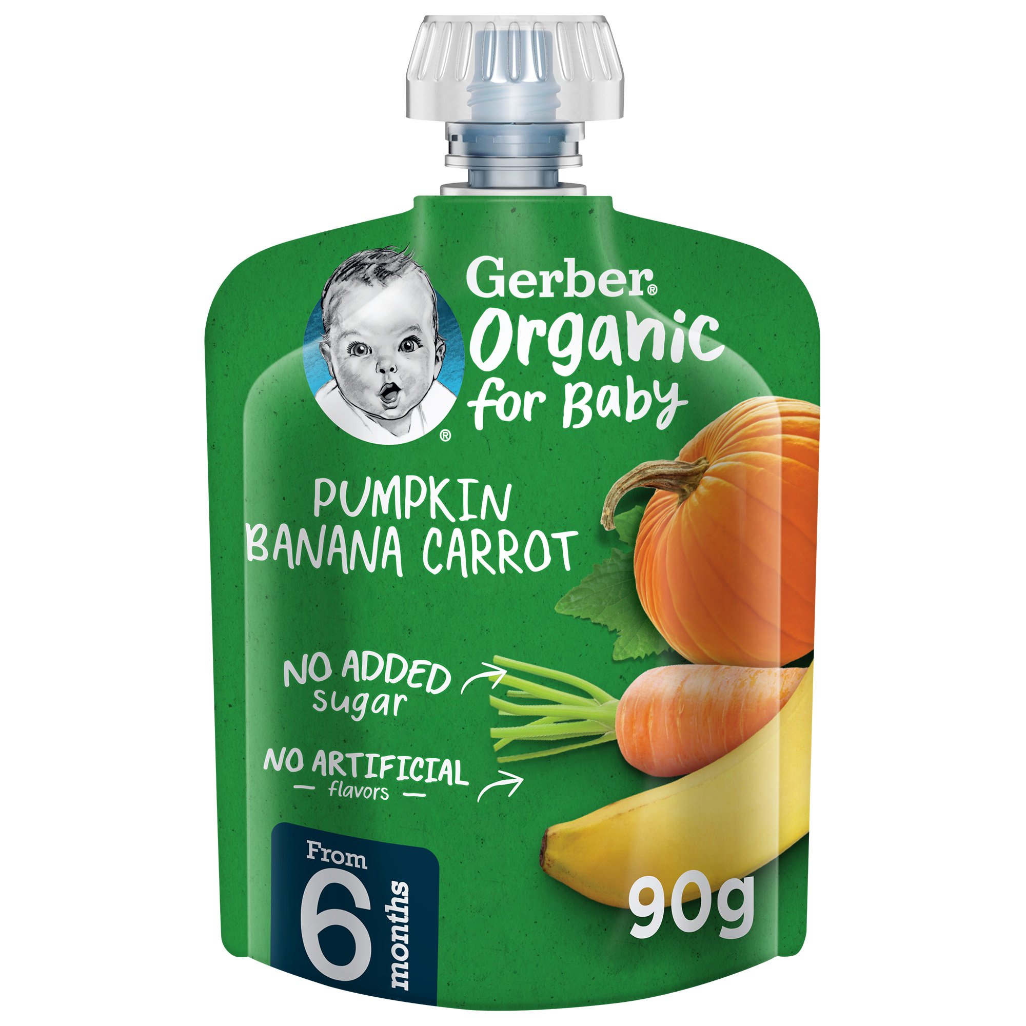 Gerber Organic Baby Food Puree Pouch Pumpkin, Banana & Carrot. No added sugar, No artificial  flavors, No preservatives. 90g (6m+)