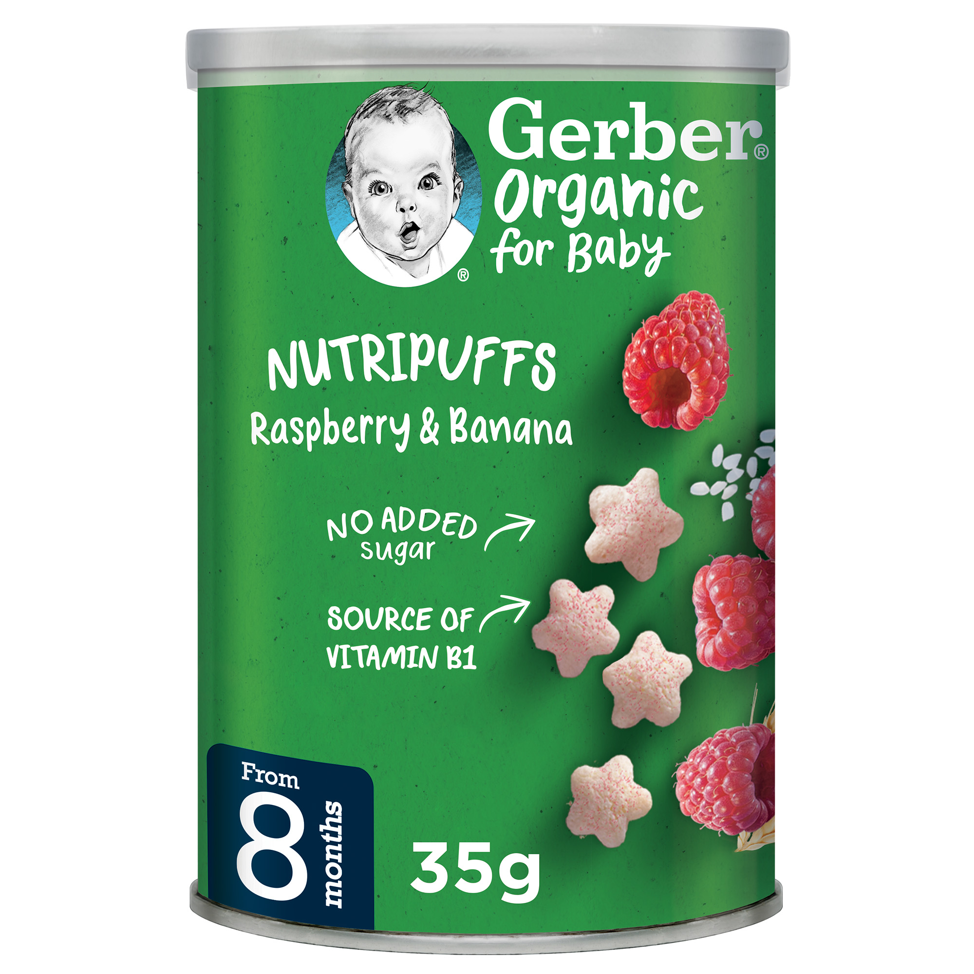 Gerber Organic Nutri Puffs Raspberry & Banana for Babies - Tin, 35g  (8m+)