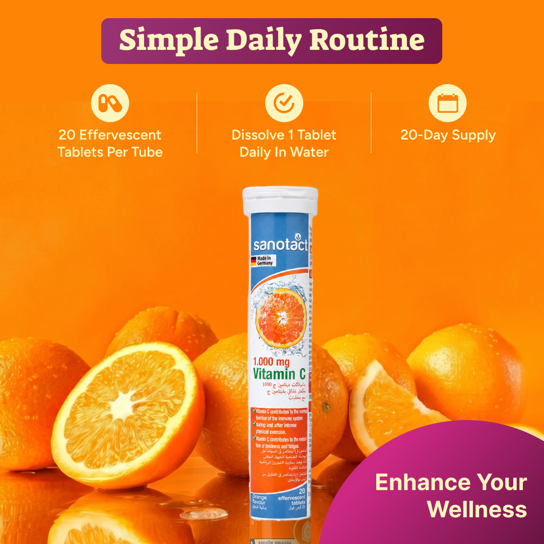 Sanotact Vitamin C 1000mg Effervescent Tablets 20s – High-Strength Vitamin C to Support Immune Function & Reduce Tiredness, Fizzy Orange Drink, German Quality, Sugar-Conscious Daily Dose