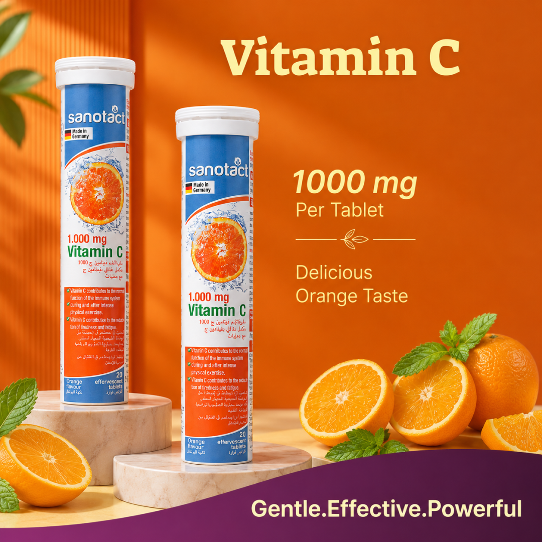 Sanotact Vitamin C 1000mg Effervescent Tablets 20s – High-Strength Vitamin C to Support Immune Function & Reduce Tiredness, Fizzy Orange Drink, German Quality, Sugar-Conscious Daily Dose