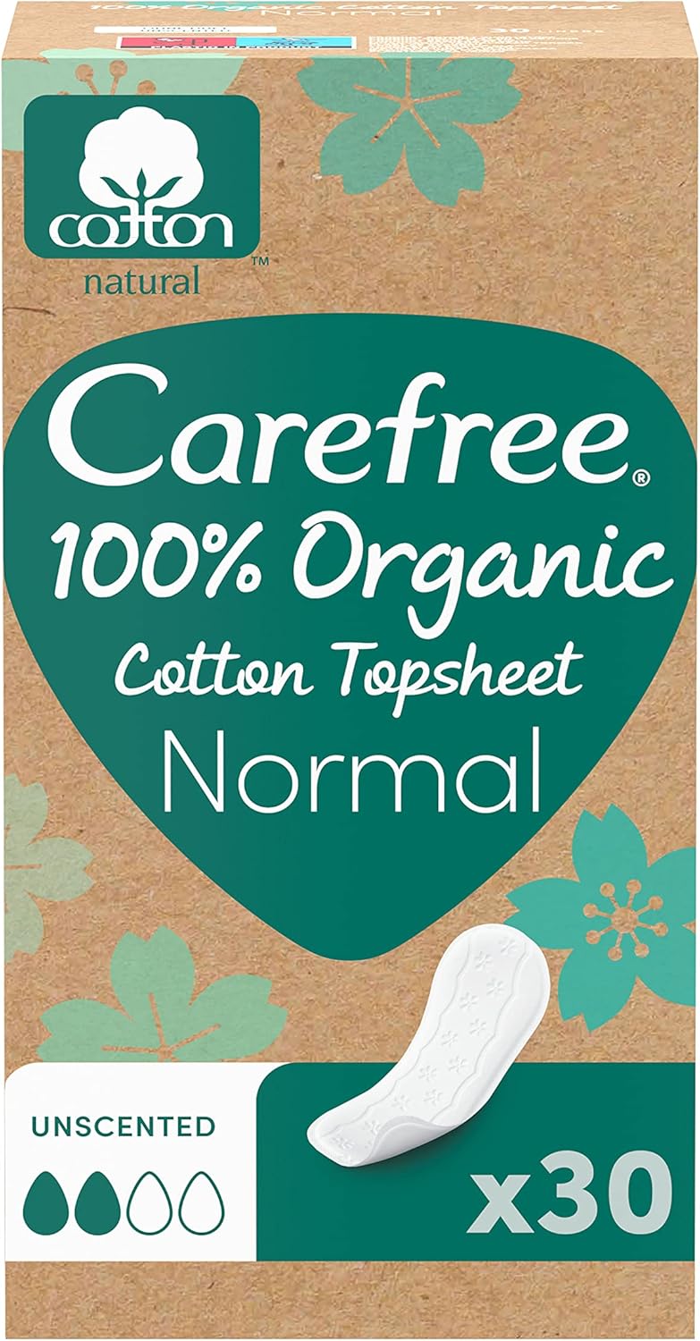 Carefree Pantiliners 100% Organic Cotton Top Sheet Normal, Fresh Feel, Size Normal, Pack of 30