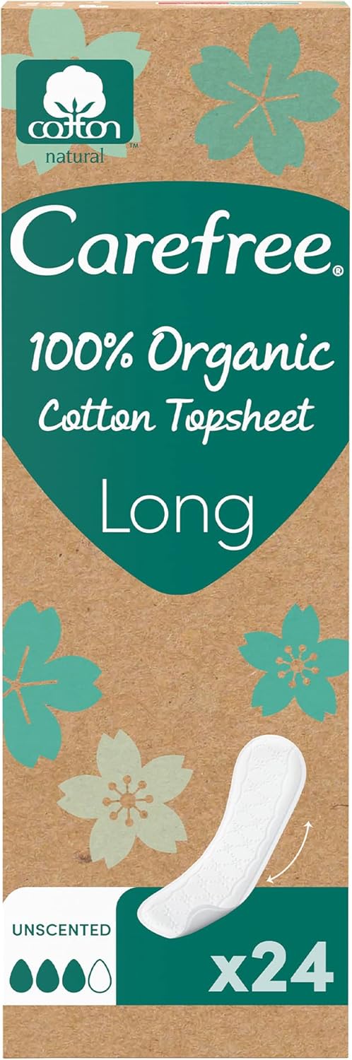 Carefree 100% Organic Cotton Pantyliners, Unscented, Long, Pack of 24