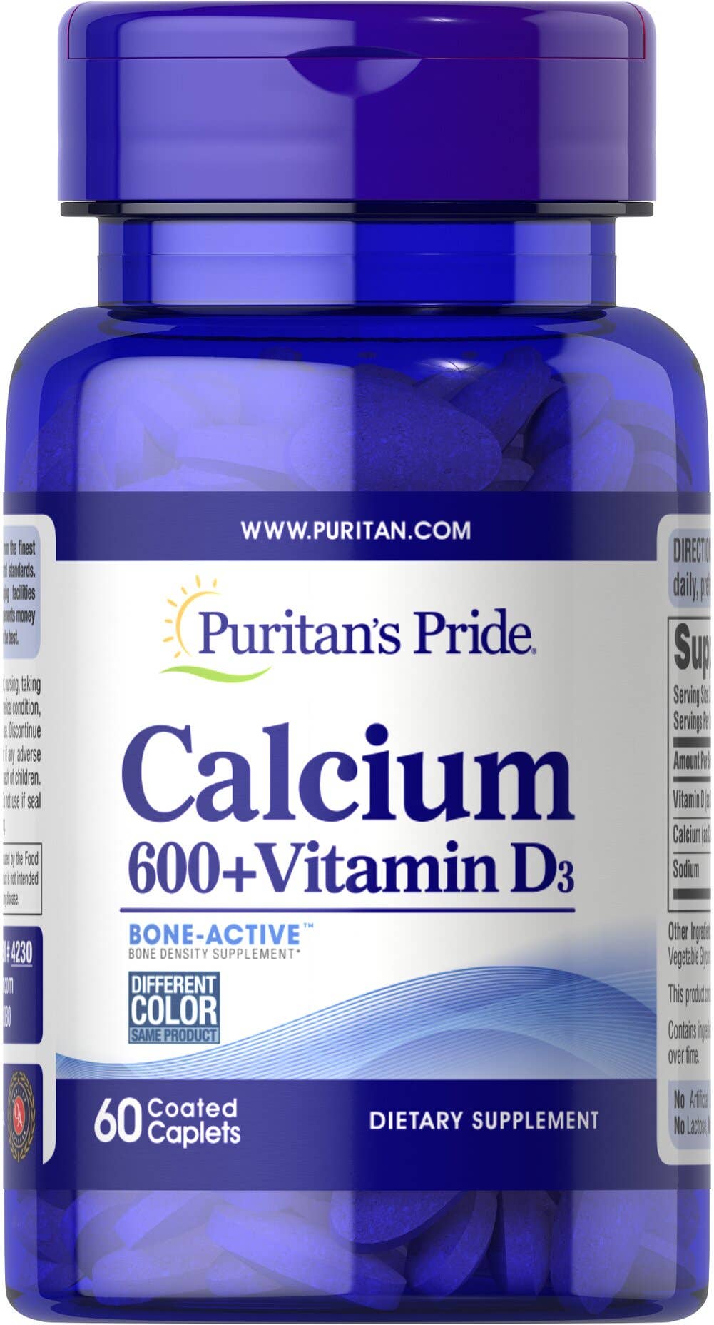 Puritan's Pride Calcium 600 mg + Vitamin D 3.125 mcg - 60 Coated Caplets
