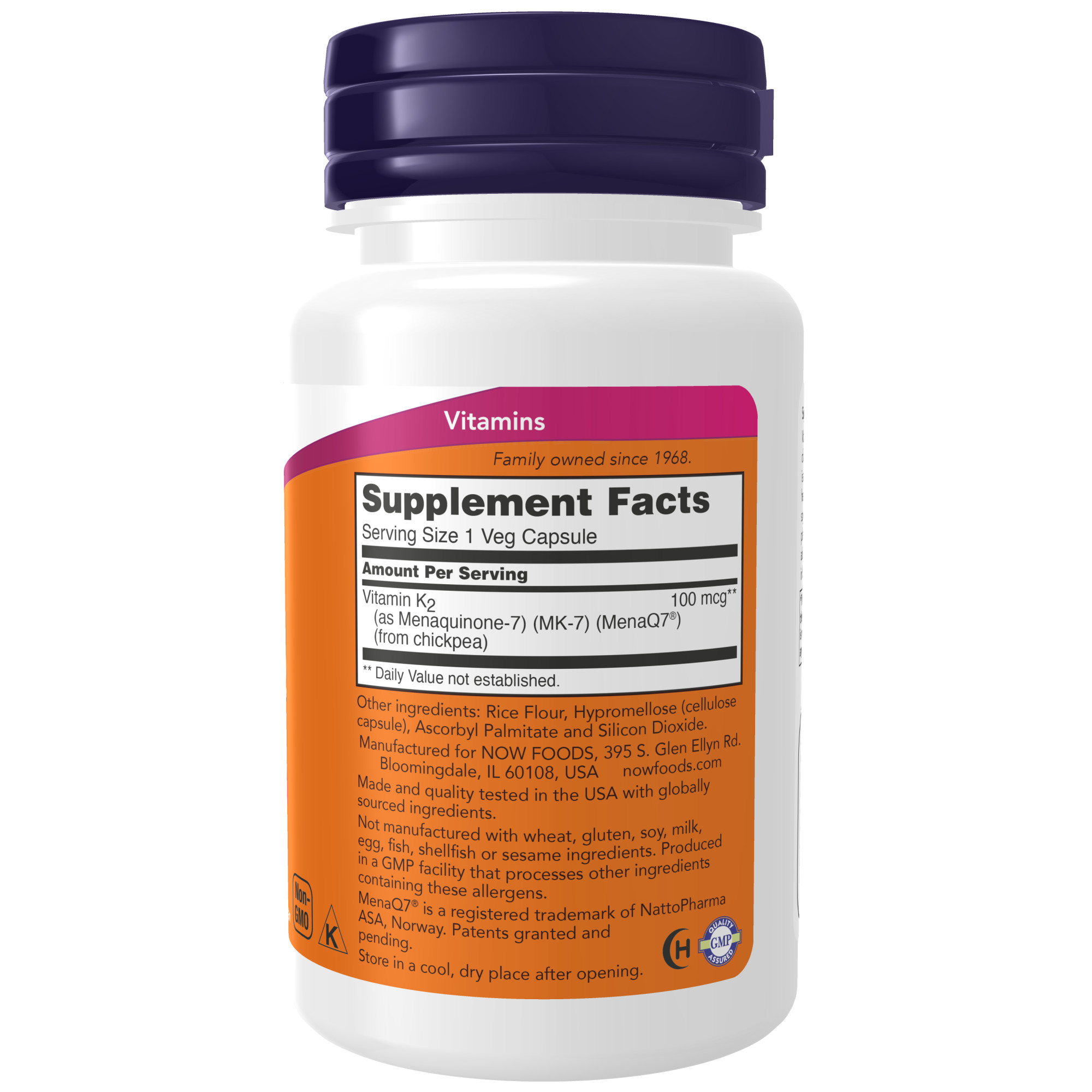NOW Vitamin K2 MK-7 100mcg 60 Veg Capsules - Highly Bioavailable Menaquinone-7 to Support Normal Bones & Calcium Utilisation, Pairs with Vitamin D & Calcium, Once-Daily Vegetarian Formula
