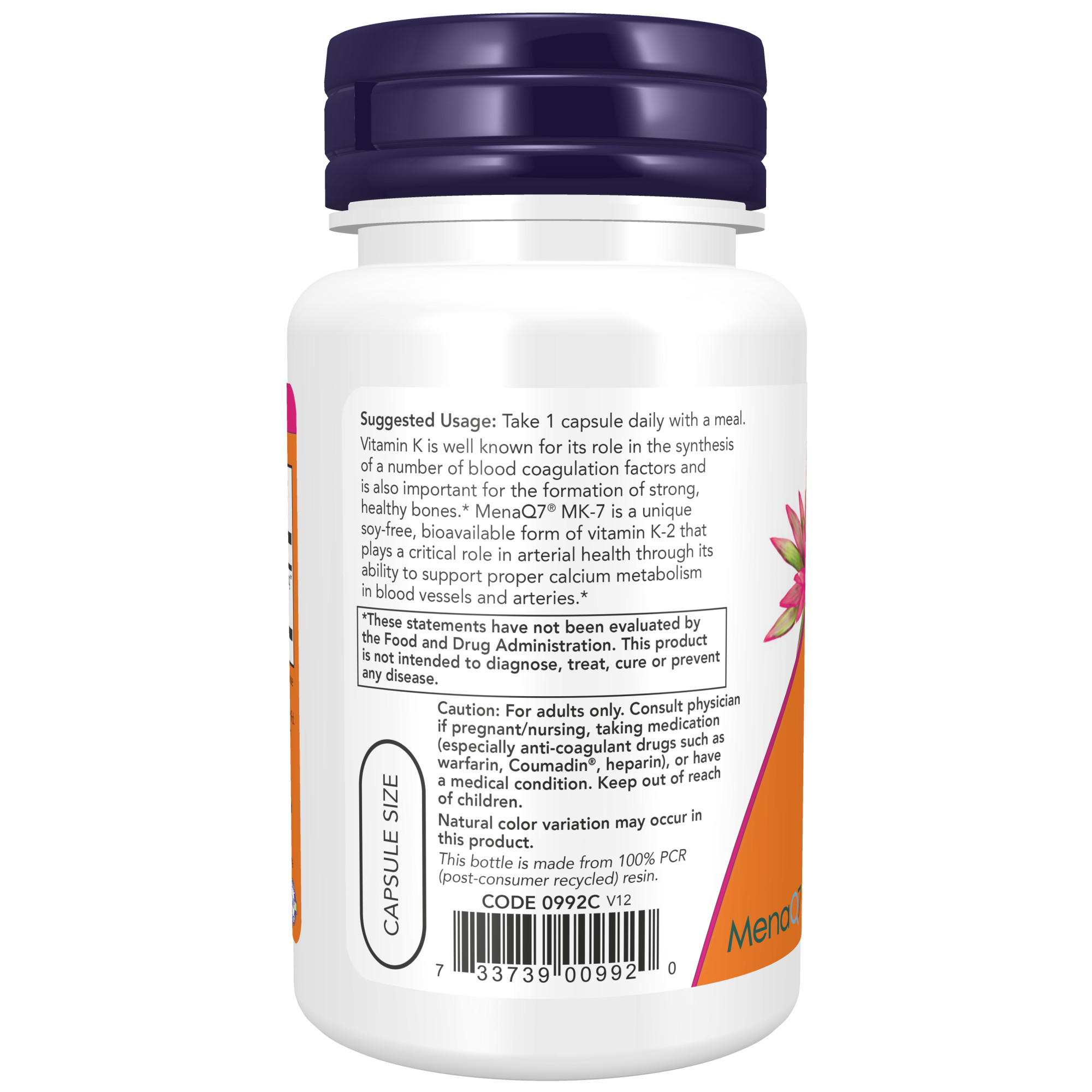 NOW Vitamin K2 MK-7 100mcg 60 Veg Capsules - Highly Bioavailable Menaquinone-7 to Support Normal Bones & Calcium Utilisation, Pairs with Vitamin D & Calcium, Once-Daily Vegetarian Formula