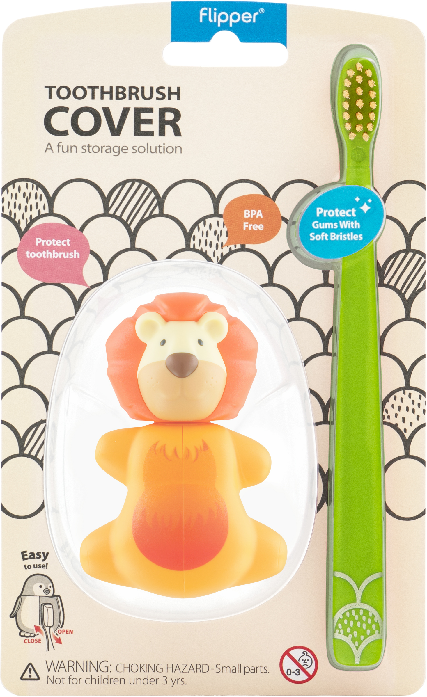 فليبر غطاء فرشاة على شكل أسد + فرشاة أسنان ذات شعيرات ناعمة