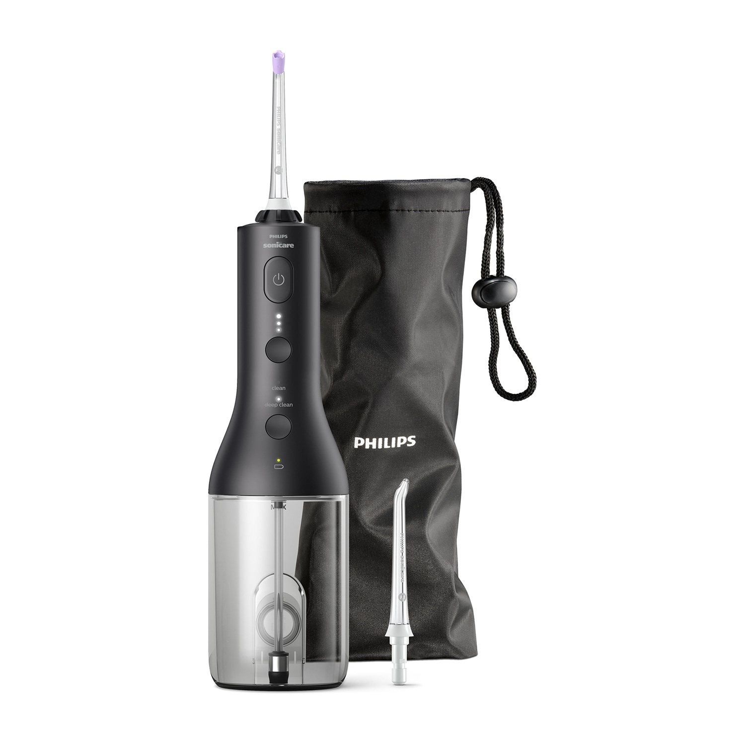 Philips Sonicare Cordless Power Water Flosser, 2 Heads, 3 intensities, 2 Flossing Modes, Travel Bag, Black (HX3826/33)