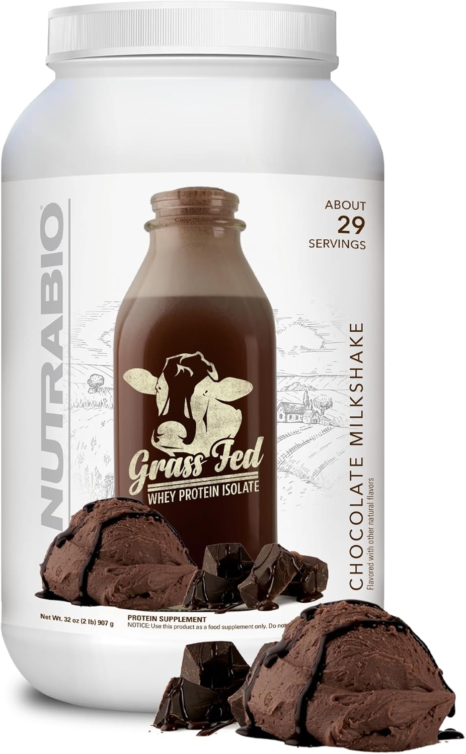 Nutrabio Grass-Fed Whey Protein Isolate Powder Chocolate - 2 pounds