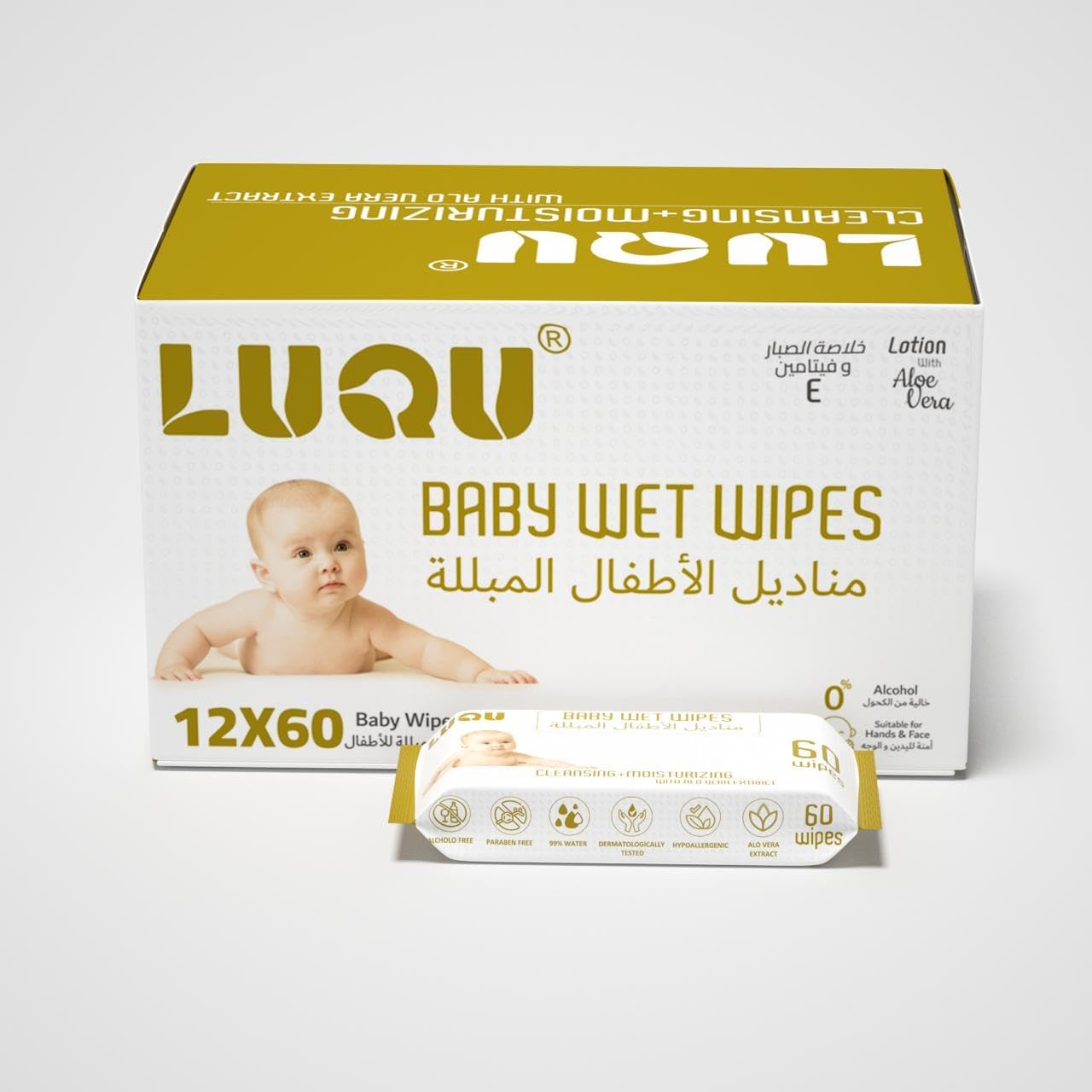 LuQu Baby Wipes With Aloe Vera Extracts & Vitamin E,720 Wet Wipes, For Sensitive Skin Pack of 12
