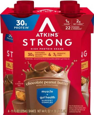 Atkins RTD STRONG 30g Shake 4pk Chocolate Peanut Butter