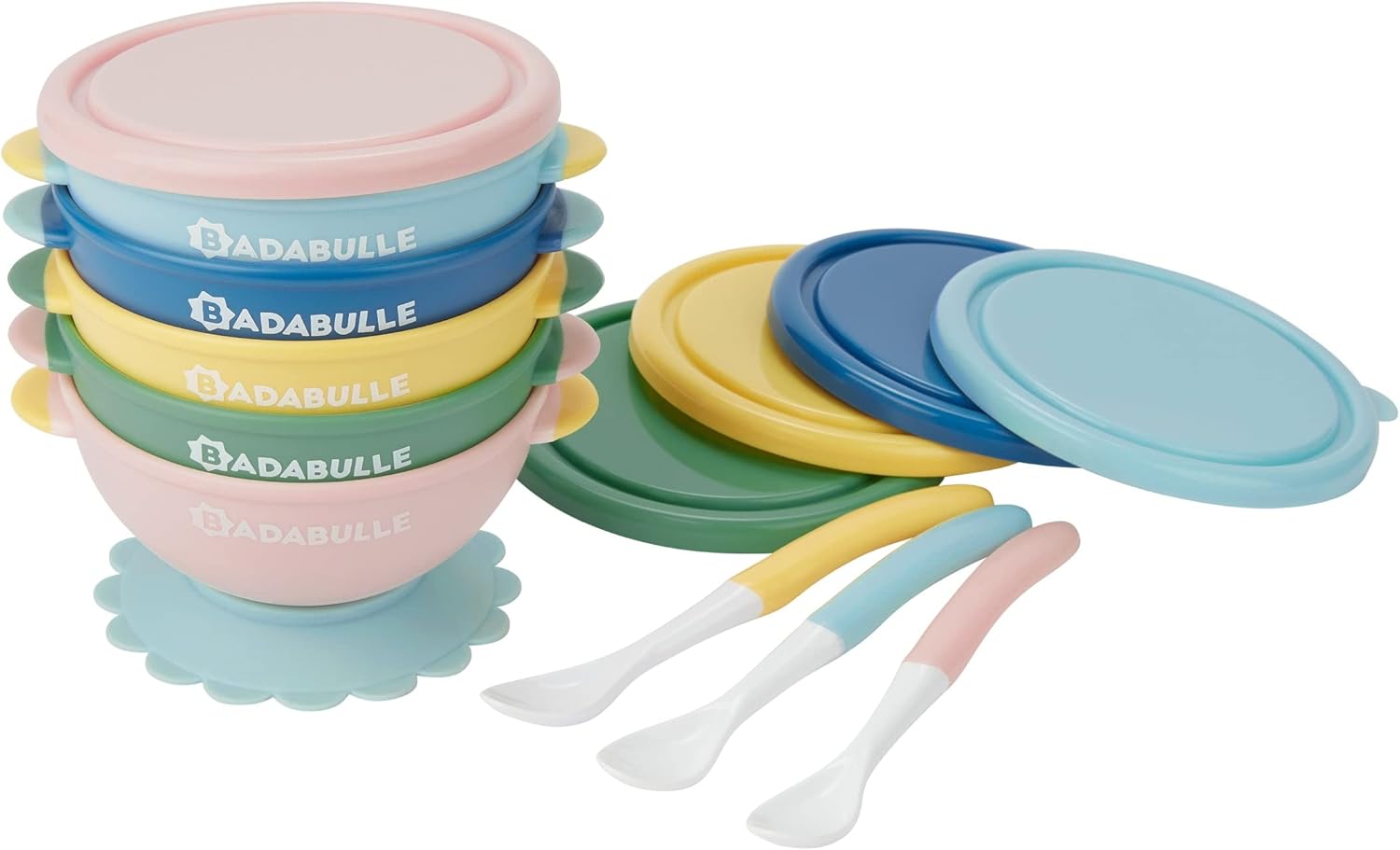 Badabulle Bundle 5 funcolor bowls + 3 spoons