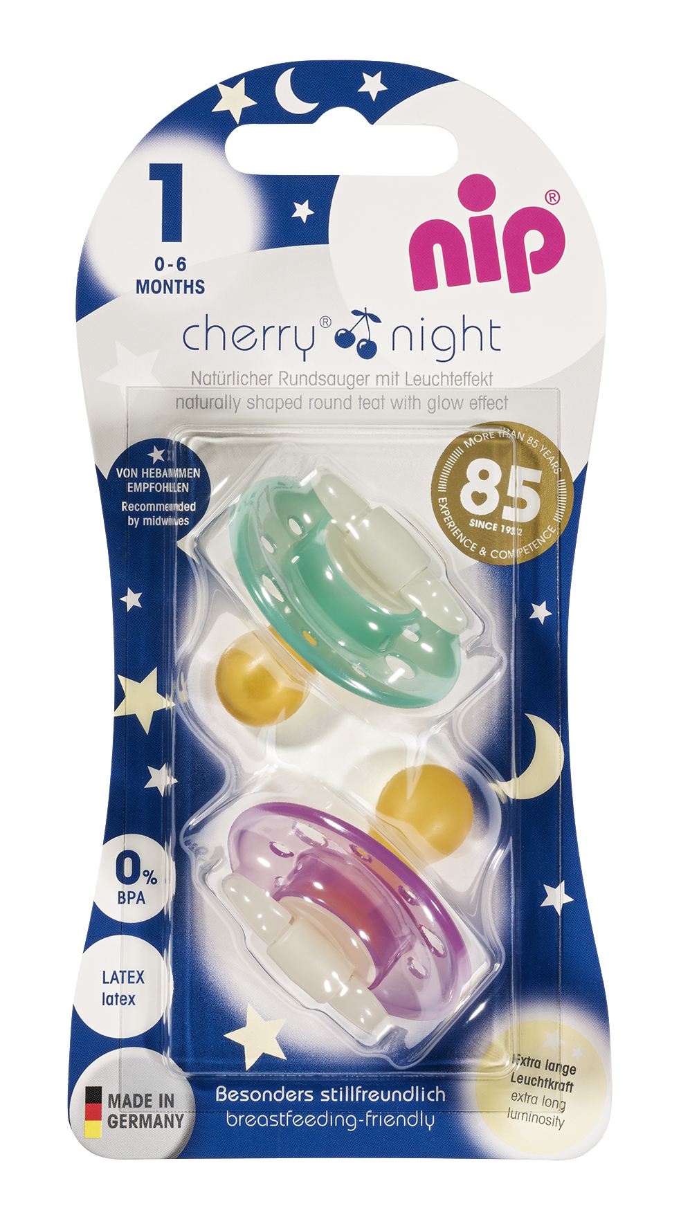 Nip Cherry Soother Night Latex Round Teats - Violet & Green 0-6M