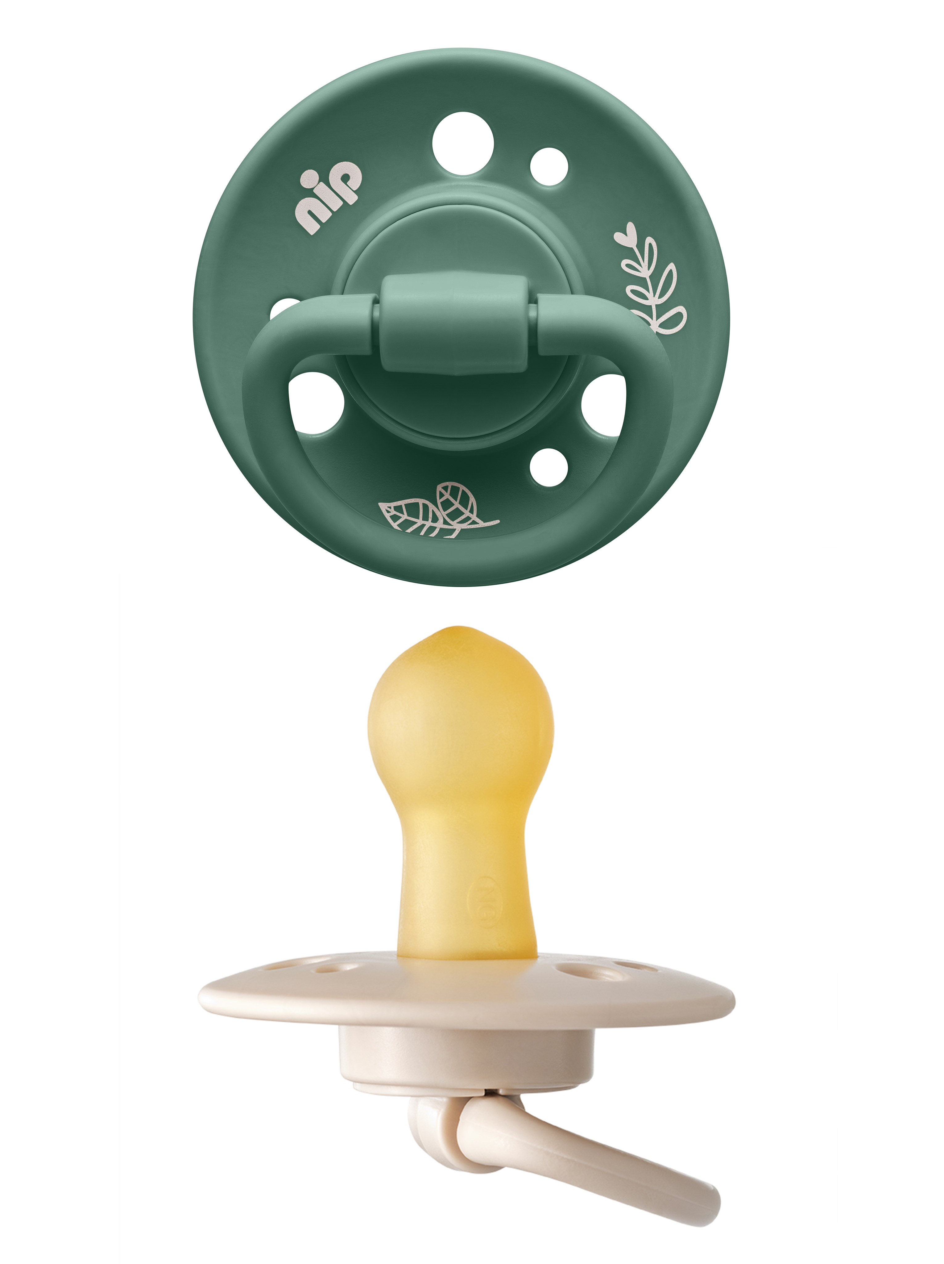 Nip Cherry Soothers | 2-Piece Set | Beige & Dark Green Latex | Eco-Friendly Round Teats, 0-6M