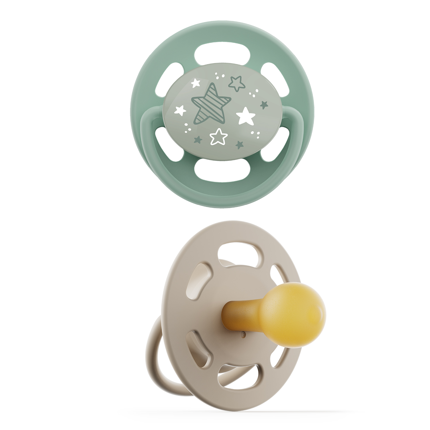 Nip Cherry Night Soothers | Glow in the Dark | 2-Piece Green & Brown Latex | Round Teats, Eco-Friendly, 0-6M