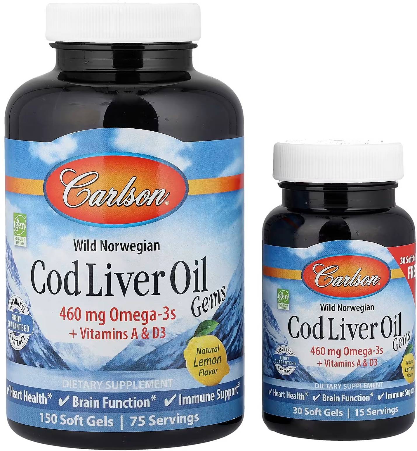 Carlson Cod Liver Oil Gems, Lemon, 460mg 150 + 30 Soft Gels