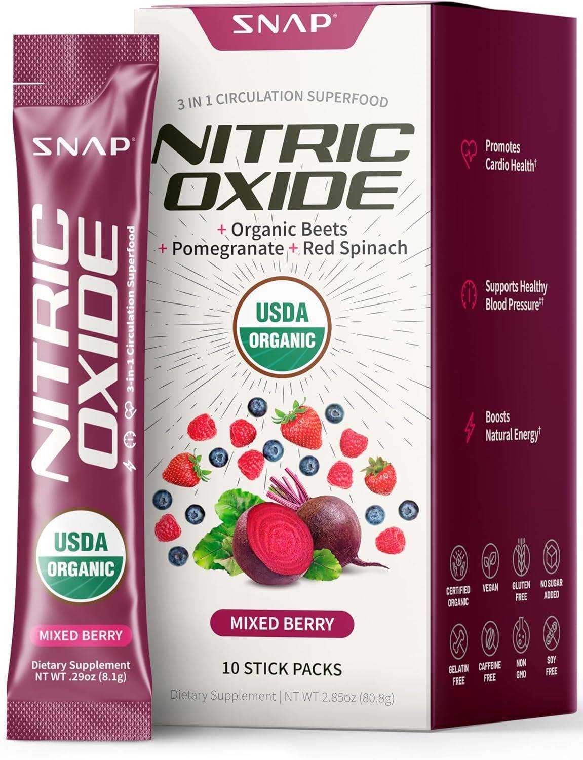 Snap Nitric Oxide Organic Beets Stick 10 Pcs - Mixed Berry 2.85 oz