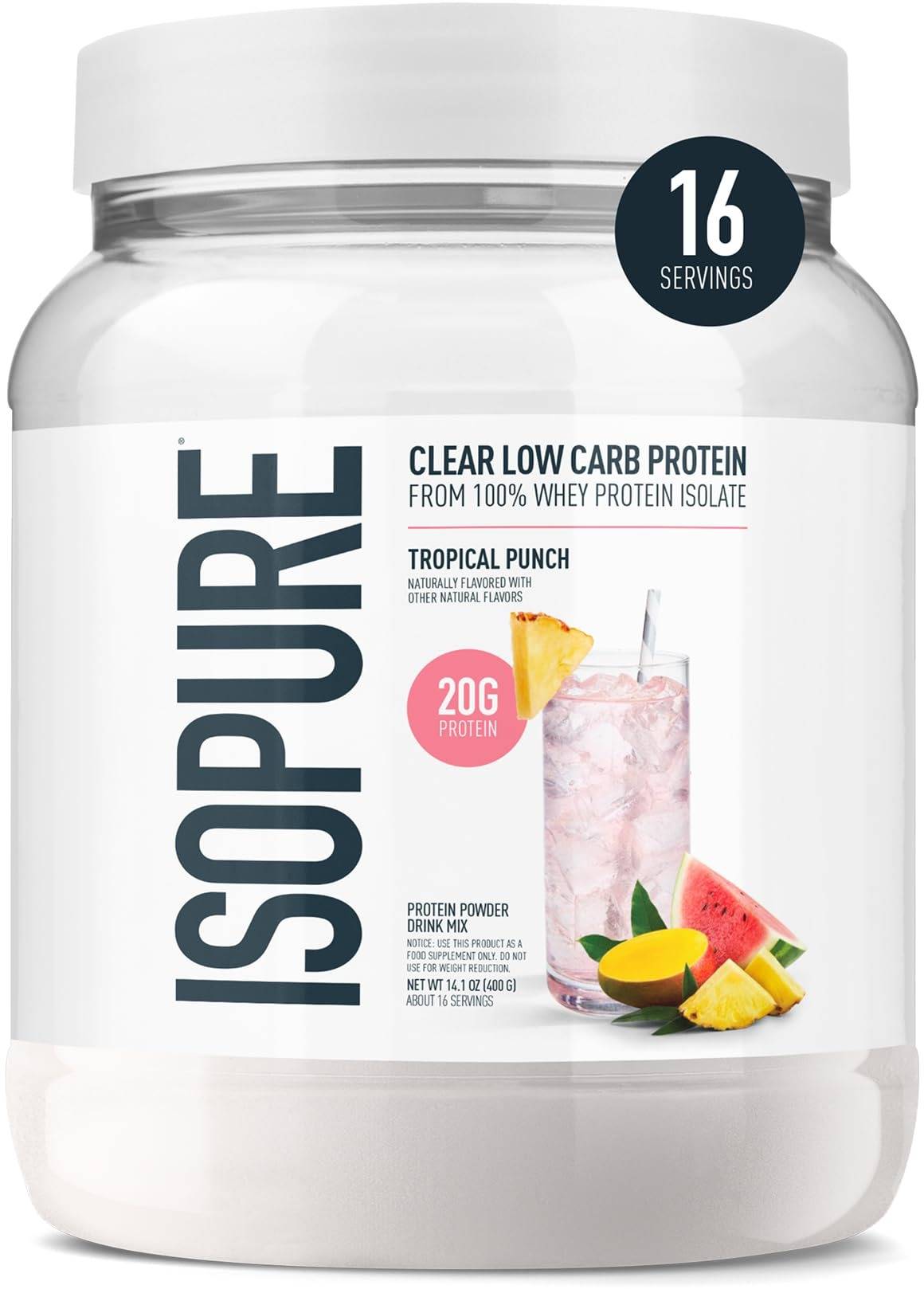 Isopure Clear Whey Isolate Protein Powder, Lactose Free, Gluten Free Tropical Punch - 0.88 lb
