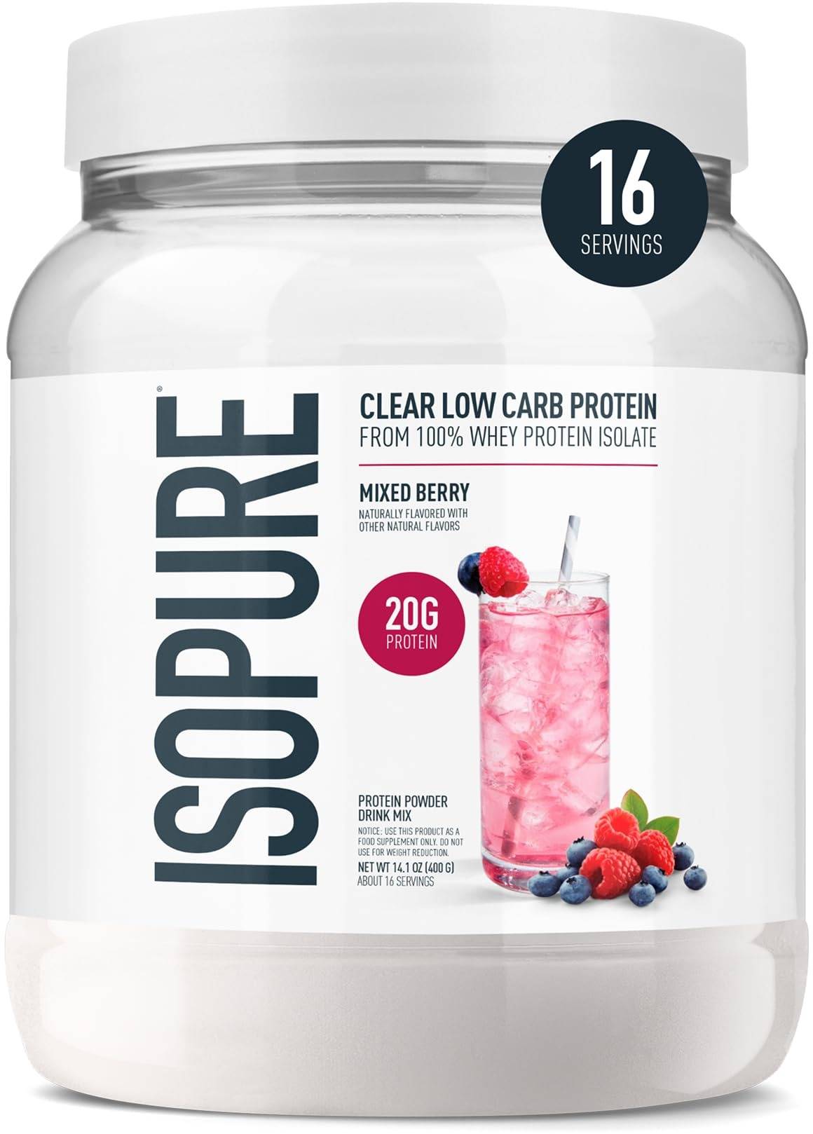 Isopure Clear Whey Isolate Protein Powder, Lactose Free, Gluten Free Mixed Berry - 0.88 lb