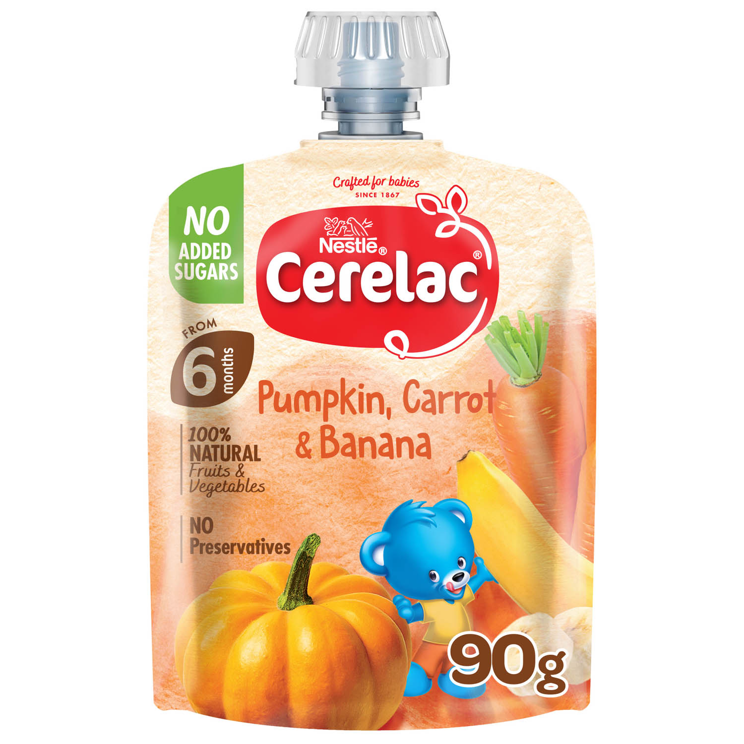 Nestlé Cerelac Baby Food Pumpkin, Carrot & Banana Puree Pouch, 100% Natural Fruits & Veggies, No Added Sugar, 90g (6months+)