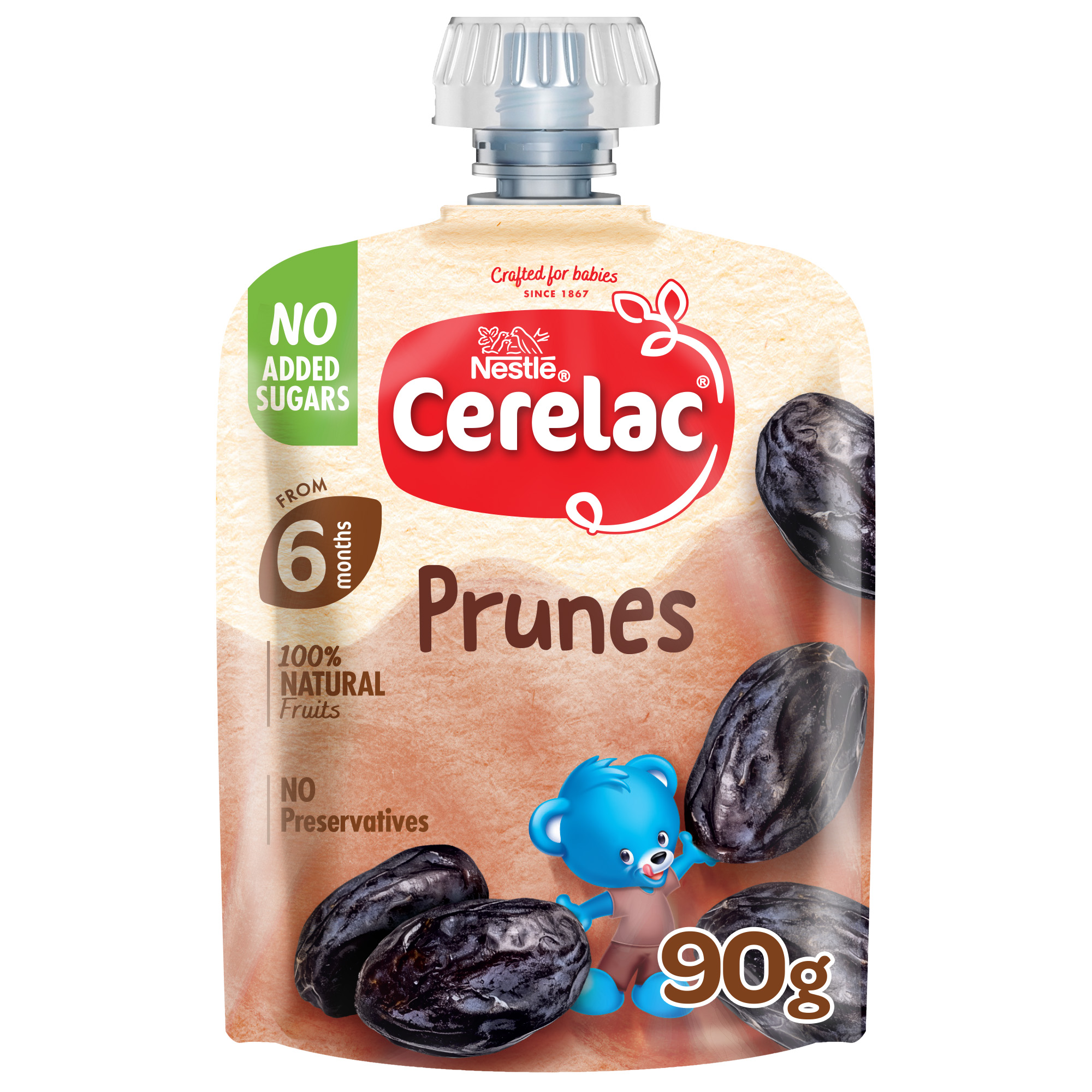 Nestle Cerelac Baby Food Prunes Puree Pouch, 100% natural Fruits, No added sugars, 90G (6months+)