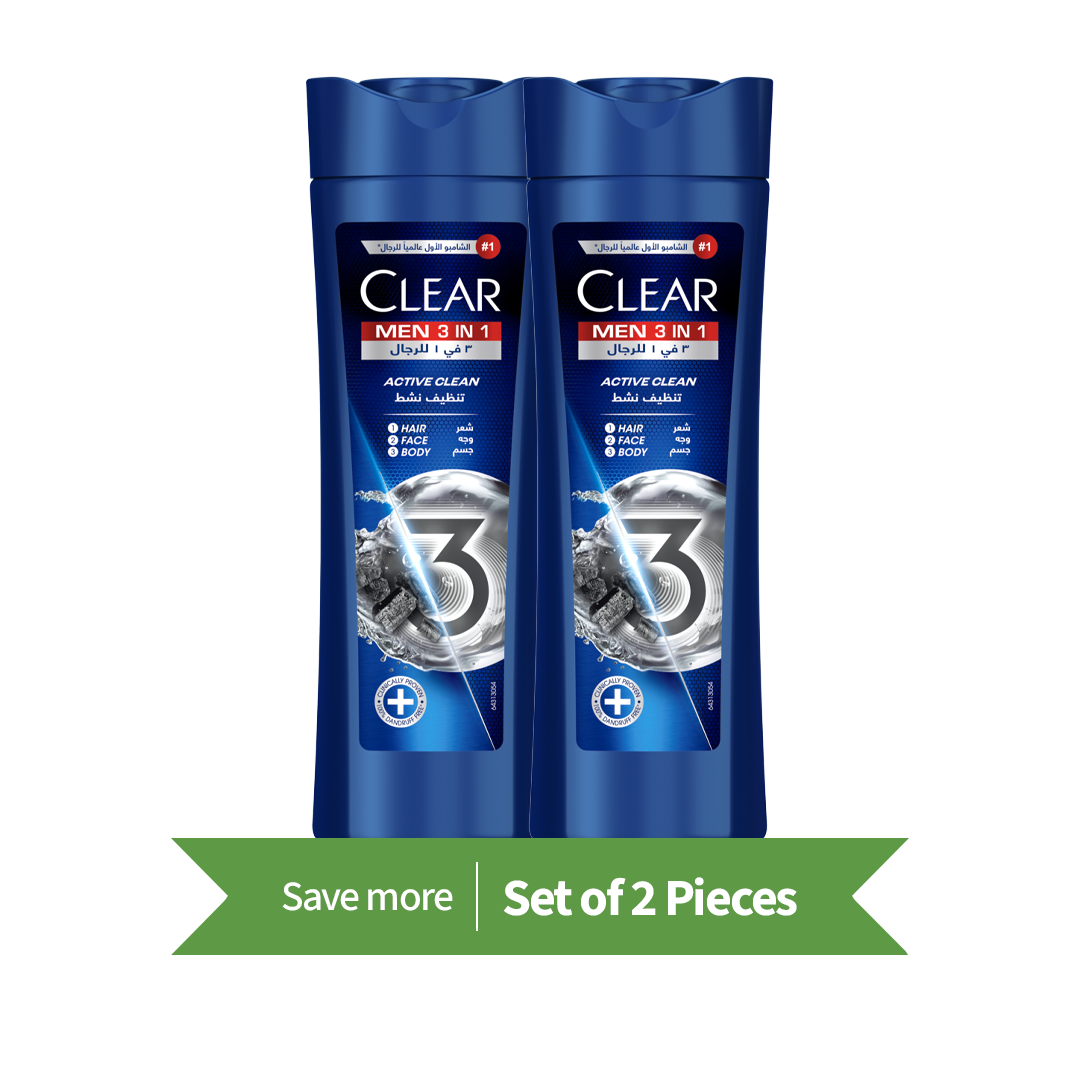 CLEAR Men 3in1 Shampoo for men, Active Clean, 400ml,Twin Pack