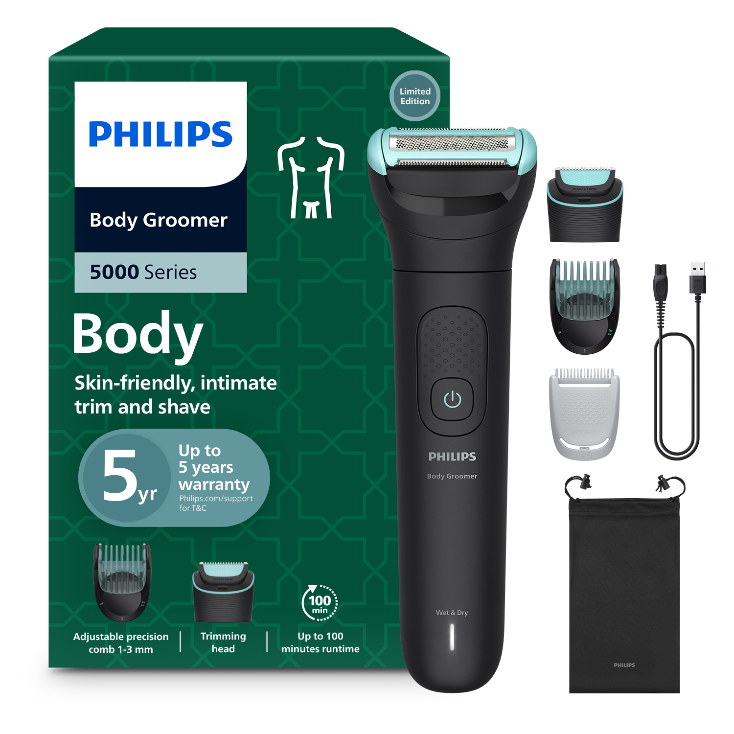 Philips Body Groomer BG5477/15 | Trim & Shave | 100% Showerproof | Skin-Friendly | 1-3 mm Comb | 100 Min Cordless
