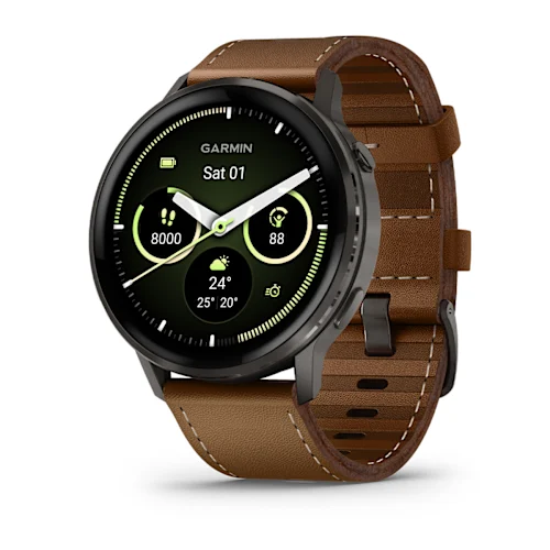 Garmin Venu 4 Watch Black Silicone + Brown Leather Band 45mm