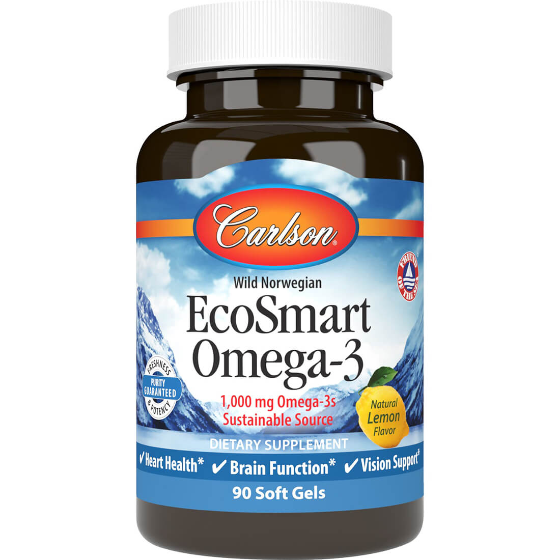 Carlson, Ecosmart Omega-3, 1000 Mg, Lemon, 90 Softgels