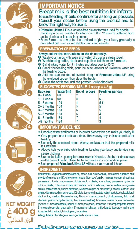 Primalac Ultima LF Lactose-Free Infant Formula 400g - Complete Lactose-Free Milk Powder for Babies Who Need to Avoid Lactose, for Dietary Use Under Medical Supervision