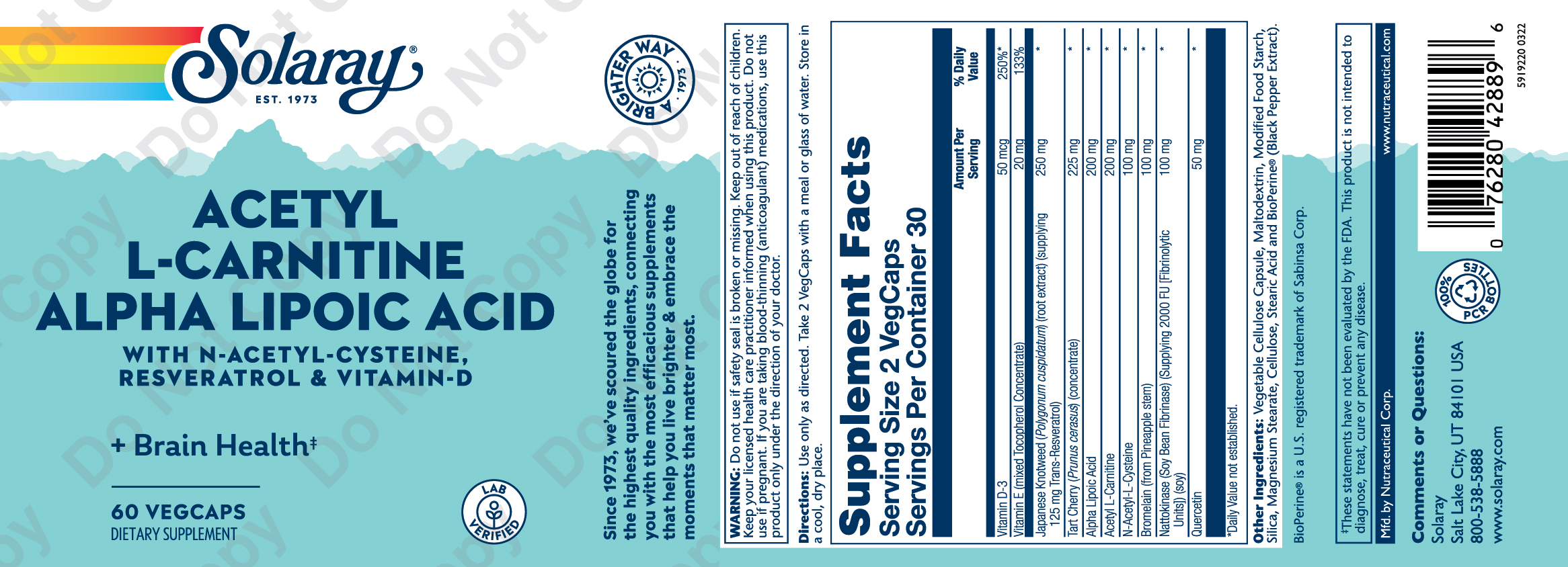 Solaray Acetyl L-Carnitine + Alpha Lipoic Acid 60 Capsules